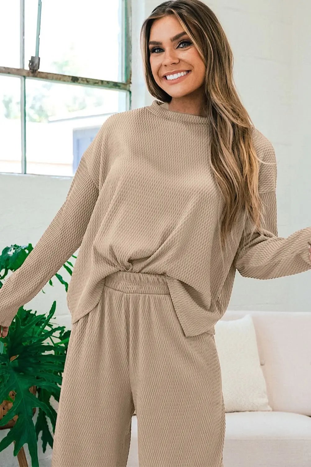 Smoke Gray Loose Textured Pullover and Pants Outfit - Love Salve